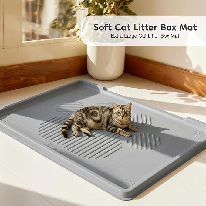 ISSEVE Cat Litter Mat 40" x 28" XL, Extra Large Silicone Mat for Litter Box, 1.38" Raised Edge Urine Waterproof Litter Trapping Mat Pad for Scatter Control, Soft on Kitty Paws, Protect Floor (Grey)
