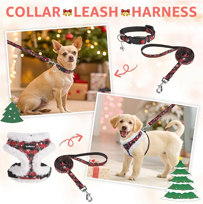SCENEREAL Dog Christmas Harness Collar and Leash Set, Warm Fleece No Pull Puppy Vest Harnesses No Chock Adjustable Step in Small Pet Halter for Outdoor Walking Training, Black Red Plaid XS