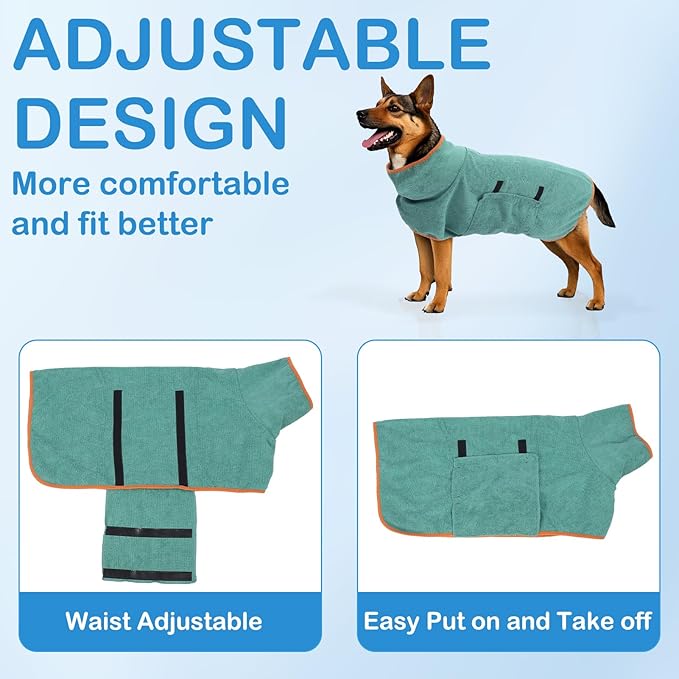 VINGVO Dog Bath Towels Wrap for Drying Dogs, Super Absorbent Pet Bath Robe, Adjustable Collar & Microfiber Pet Dog Bath Robe, Fast Drying for Dogs at Home and Outdoors (Green, XL)