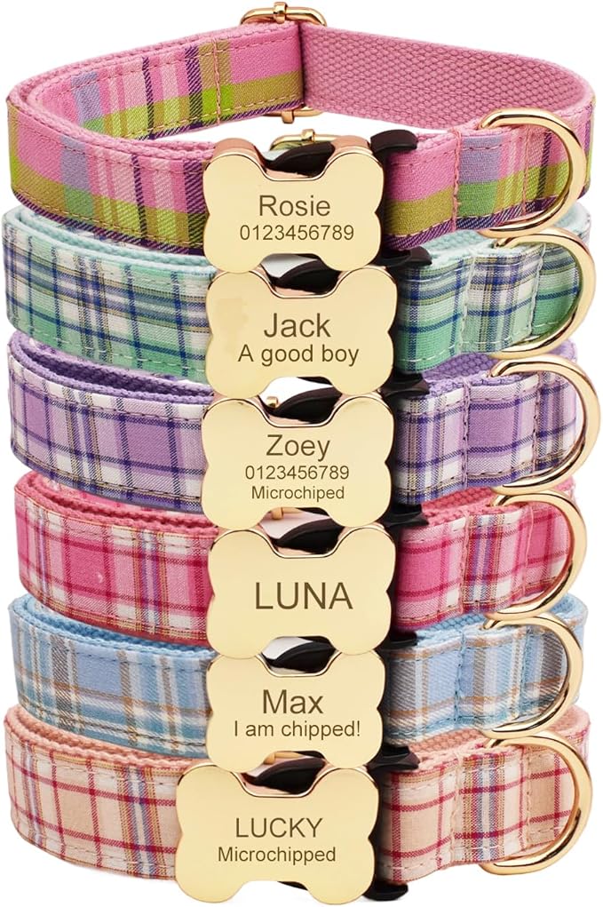 Personalized Dog Collar with Bone Buckle – Custom Name & Phone Number Engraved, Adjustable Quick Release for Small to Large Dogs (Plaid Tartan)