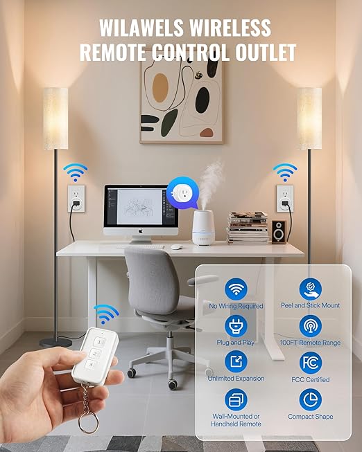Mini Remote Control Outlet, WILAWELS Wireless Light Switch with Magnetic Base, On Off Remote Outlet Switch for Lights, Lamps, 100ft RF Range, 10A/1250W, Expandable, 1 Remote for 3 Plugs W14RC1306