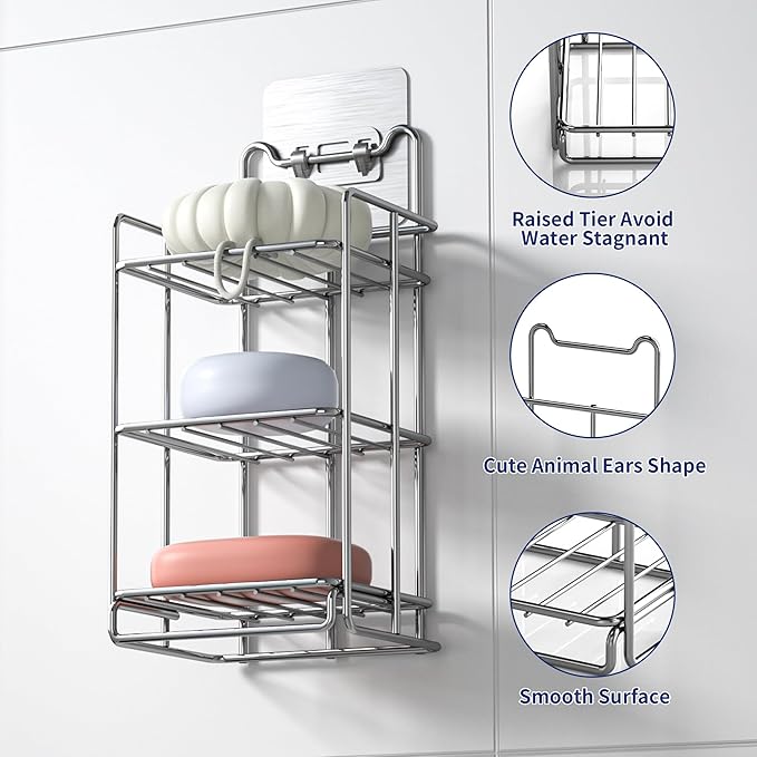 3 Tier Soap Bar Holder, 304 Stainless Steel Soap Dish for Bathroom, Removable Sponge Rack for Kitchen Sink (Silver)