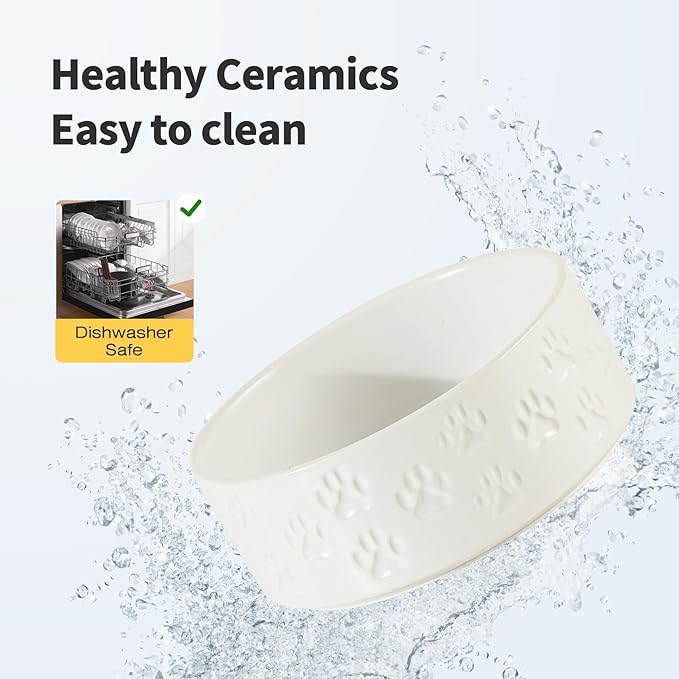 Elevated Ceramic Dog Bowls 2 Pack, 5.1" Individual Dog Bowl with 2 Fixed Height Stand, 1.6 Cup Food and Water Bowls for Toy Breed, Small-Breed Puppy (Double Bowls + Double Stands - White, 5.1 inch)