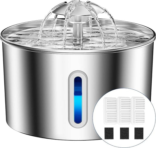 Cat Water Fountain Stainless Steel - 74oz/2.2L Pet Dog Water Dispenser Automatic Silent Cats Dispenser for Drinking Indoor Metal Kitty Spout Fountains with 3 Filters & 3 Sponges Christmas Stuff Gifts