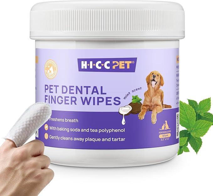 HICC Pet Teeth Cleaning Wipes for Dogs & Cats, Vet-Recommended Remove Bad Breath, Plaque, Tartar Buildup Dog Finger Toothbrush Wipes, Dog Tooth Brushing Kit, Pet Toothpaste & Toothbrush Alternatives