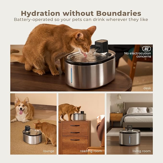 Wireless Cat Water Fountain Stainless Steel, 152oz/4.5L Cat Fountain Battery Operated, Cordless Pet Water Fountain for Cats & Dogs with Motion Sensor, Ultra Quiet Pump, Multi-Filtration