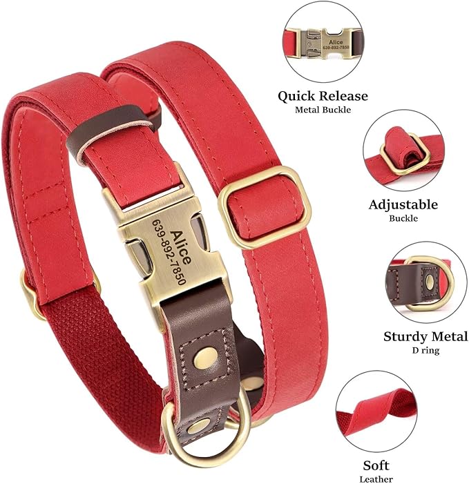 Personalized Dog Collars, Custom Soft PU Leather Dog Collar with Pet Name and Phone Number for Large Dogs, Adjustable and Durable Pet Collars with Quick Release Metal Buckle,L(15-23")