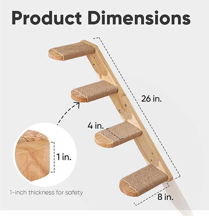 FUKUMARU Cat Climbing Shelf Wall Mounted, Four Step Cat Stair with Jute Scratching for Kitten Walls Shelves Furniture - Large