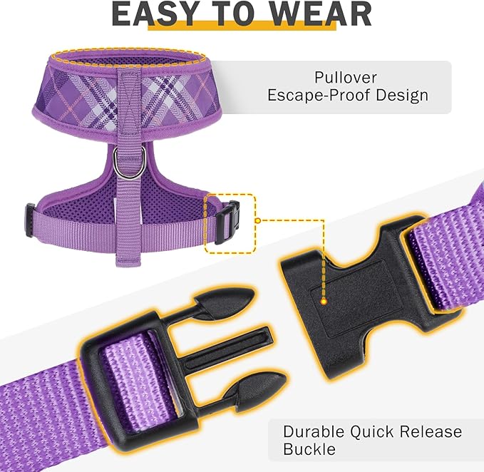 SCENEREAL No Pull Dog Harness Collar and Leash Set Small Medium Sized Dog, Soft Mesh Step in Puppy Harnesses, No Chock Plaid Adjustable Pet Vest for Outdoor Walking Training and Running, Purple M