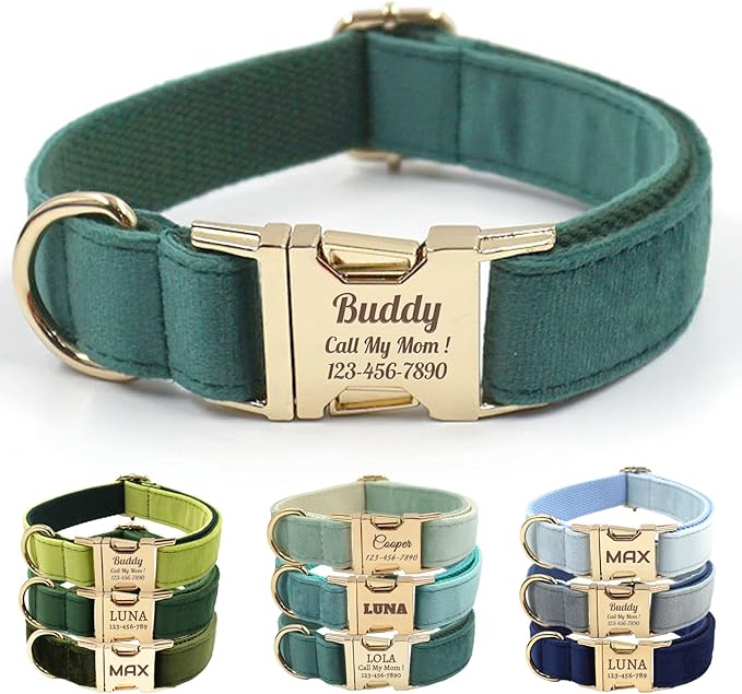 Velvet Personalized Dog Collar with Name - Customizable Dog Collar with Quick Release Metal Buckle - Leash and Bow Tie Available (Dark Cyan, S)