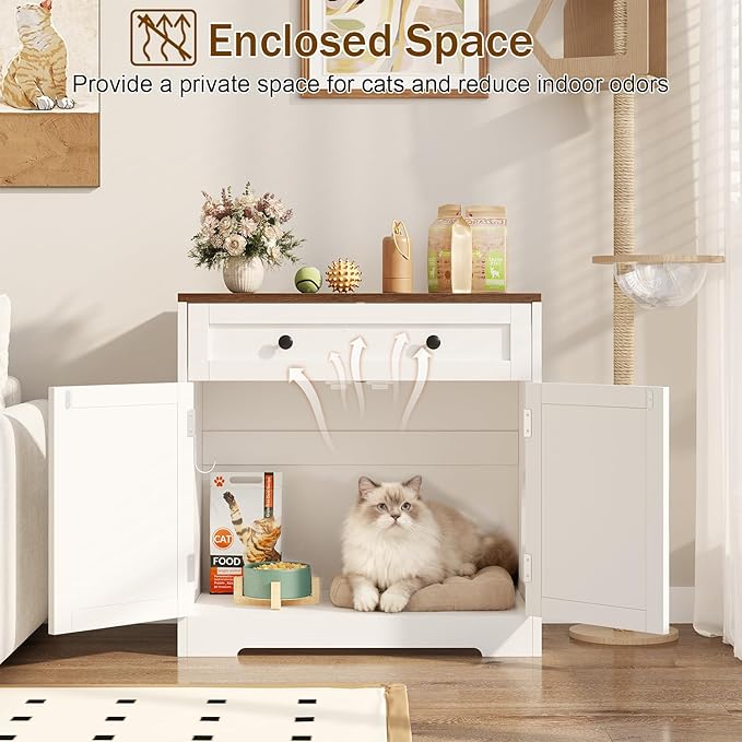 Cat Litter Box Enclosure with Storage Drawers, Hidden Litter Box Wooden Furniture, Modern Farmhouse Indoor Cat House and Multi Functional Side Table, White