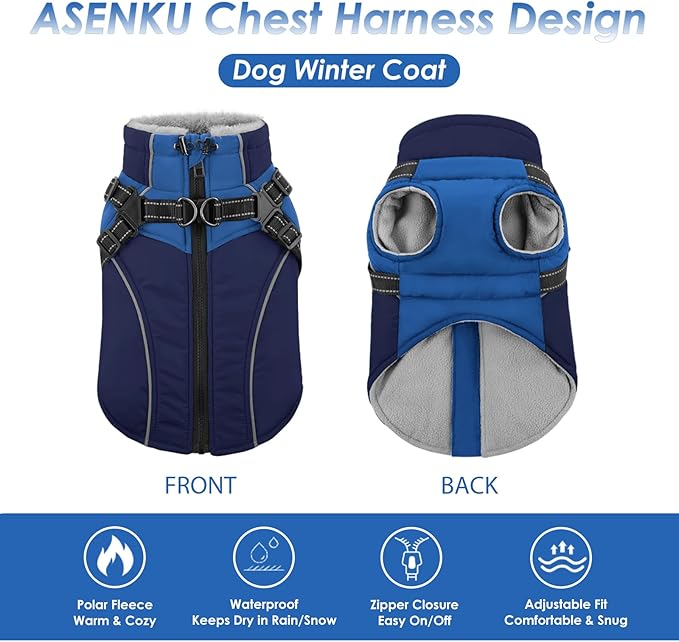 ASENKU Reflective Dog Coat with Built-in Harness, Windproof Fleece-Lined Dog Jacket for Small, Medium, Large Dogs, Warm Winter Vest with Turtleneck & Zipper (Navyblue S)