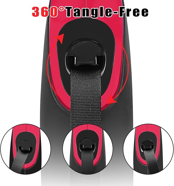 Retractable Dog Leash with Light - 16Ft Leashes with Poop Bag & Holder, One Button Break & Lock, 360°Tangle Free, Anti Slip Grip, Red