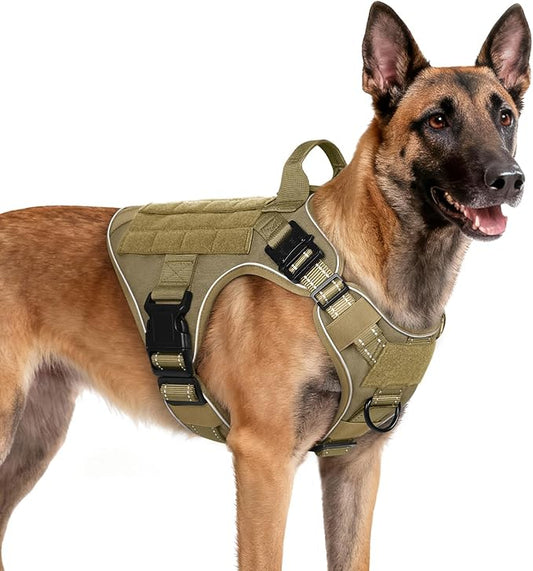 rabbitgoo Tactical Dog Harness Medium Sized, No Pull Upgraded Reflective Heavy Duty Molle Vest with Handle, Adjustable Military Service Dog Vest for Walking Hiking Training, Brown, M