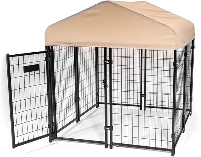 Lucky Dog Stay Series 4 by 4 by 4.3 Feet Studio Jr. Black Powder Coat Steel Frame Outdoor Dog Kennel with Waterproof Canopy Roof and Gate Door, Khaki