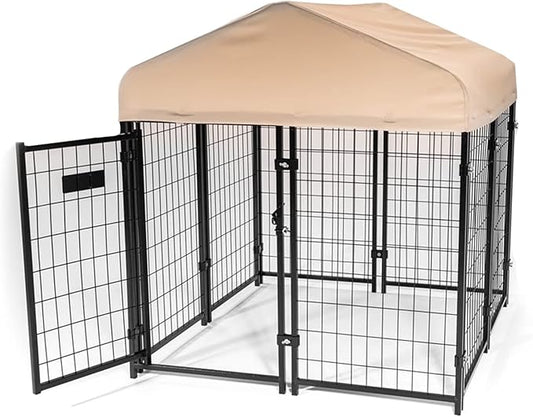 Lucky Dog Stay Series 4 by 4 by 4.3 Feet Studio Jr. Black Powder Coat Steel Frame Outdoor Dog Kennel with Waterproof Canopy Roof and Gate Door, Khaki