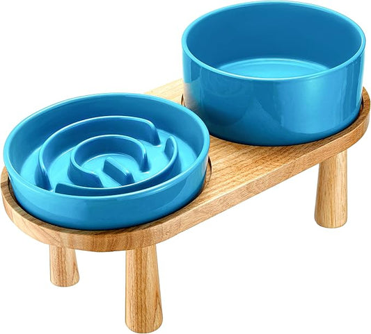 Ceramic Slow Feeder and Water Bowl Set for Medium and Large Dogs, 8.0inch Ceramic Dog Bowls Elevated with Wooden Stand, 2.0 Cups Dog Slow Feeder(30oz) and 70oz Water Bowl Set, Blue