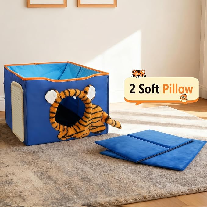 CWV Cat Houses for Indoor Cats, Cute Cat Cave Bed with Scratch Pad, Foldable Cat Cube for Multiple Large Cats, 17X17x13inch, Tiger Design