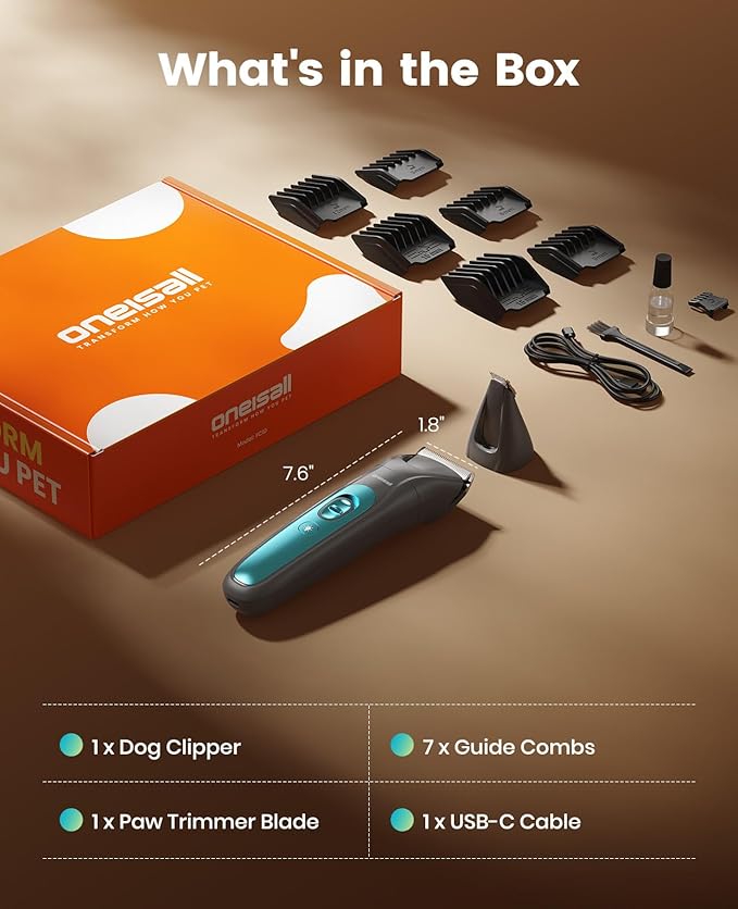 oneisall LED Light Dog Trimmer Clippers, Cordless Dog Grooming Kit 2 in 1, 2000mAh Pet Grooming Clippers Paw Trimmer Nail Grinder for Paw, Nail, Face, Ears, Legs, Body