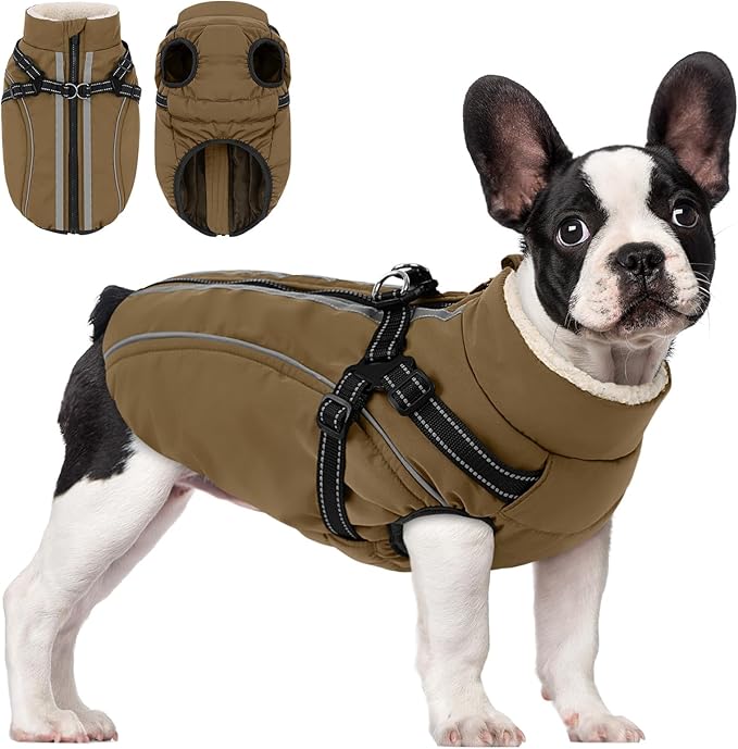 Dog Winter Coat with Harness Built in Warm Puffer Dog Jackets for Small Medium Large Dogs Windproof Waterproof Outfit with Plush Lining and Reflective Stripes (Brown, L)