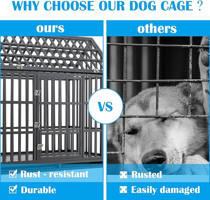 48 Inch Heavy Duty Dog Crate, ACIDBOLT Indestructible Escape Proof XL Dog Kennel Cage for Large Medium Small Dogs, High Anxiety Pet Crate with 2 Door, 4 Lockable Wheels and Removable Tray