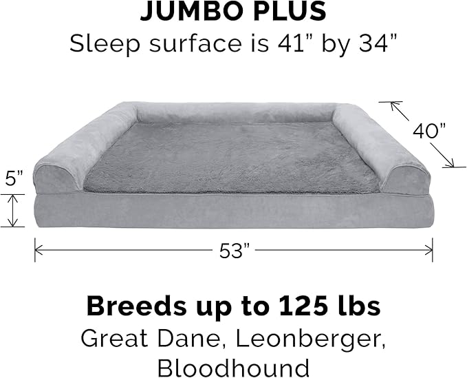 Furhaven Orthopedic Dog Bed for Large Dogs w/ Removable Bolsters & Washable Cover, For Dogs Up to 125 lbs - Plush & Suede Sofa - Gray, Jumbo Plus/XXL
