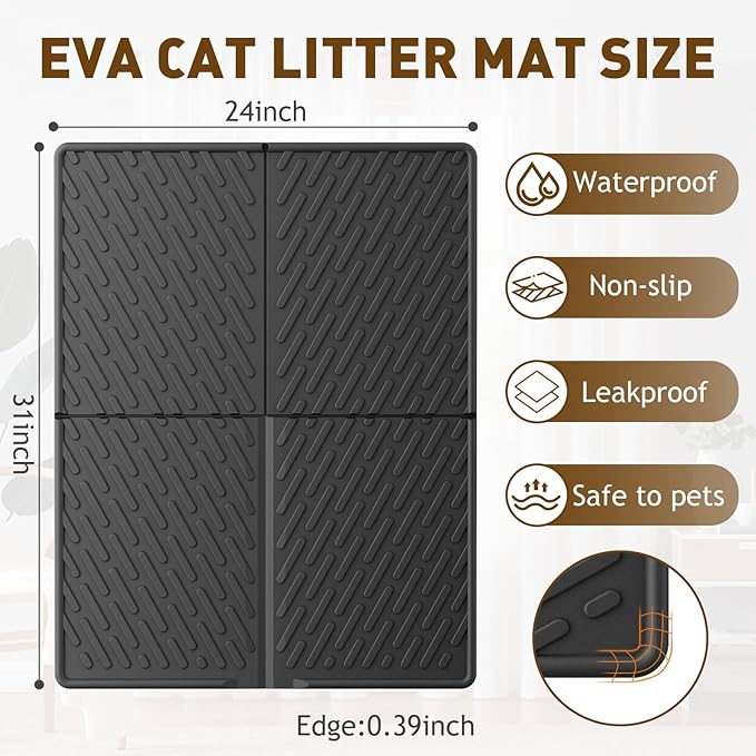 Cat Litter Mat with Grooves & Raised Edge, Urineproof/Waterproof, Litter Scattering Control, Easy to Clean (31 * 24in-Black-2 Pack)