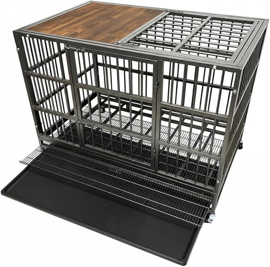 54/48/42/38 Inch Heavy Duty Funiture Dog Crate with Wheels, Indestructible and Escape Proof Wooden Kennel Indoor for High Anxiety Dogs with Lockable Weels and Tray, Extra Large XL XXL