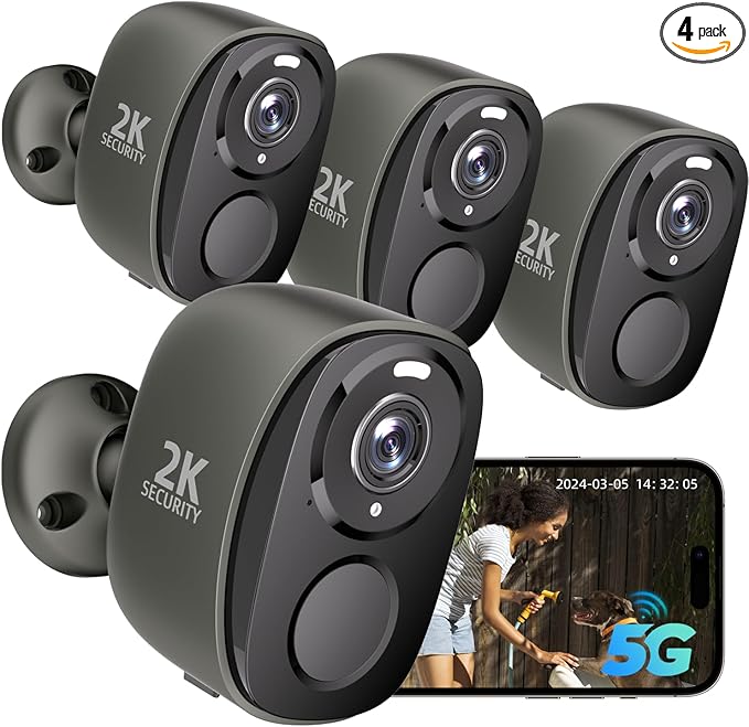 4PC 2.4G/5GHz WiFi Security Cameras Wireless Outdoor,2K Battery Home Security Camera with AI Detection,Siren, Surveillance Indoor Home Camera,Color Night Vision,2-Way Talk,IP65, Cloud/SD,Works Alexa G