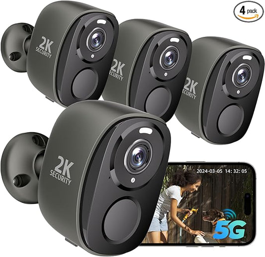 4PC 2.4G/5GHz WiFi Security Cameras Wireless Outdoor,2K Battery Home Security Camera with AI Detection,Siren, Surveillance Indoor Home Camera,Color Night Vision,2-Way Talk,IP65, Cloud/SD,Works Alexa G