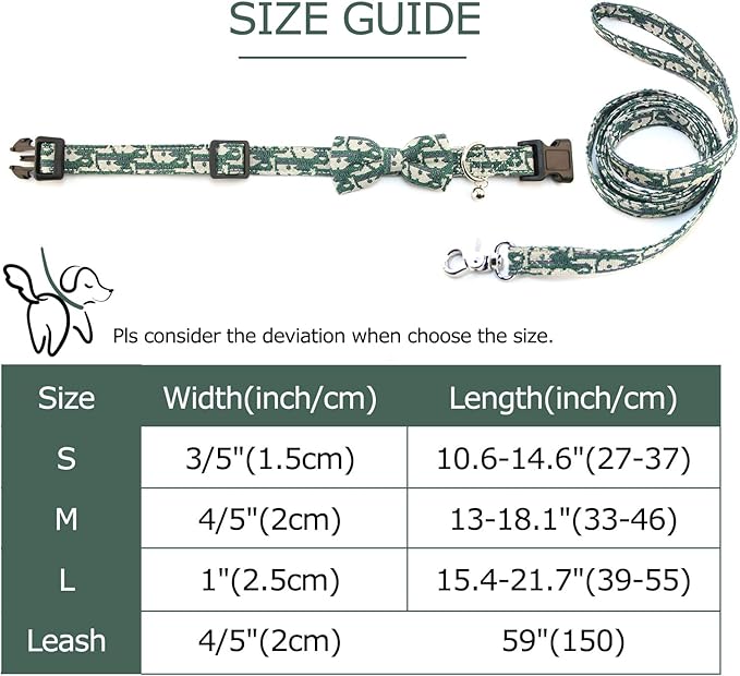 Bowtie Collars for Big Dogs, Elegant Puppy Collars with Leash Set, Dog Collars with Bowtie Adjustable 15.7"-20.9", Green, L