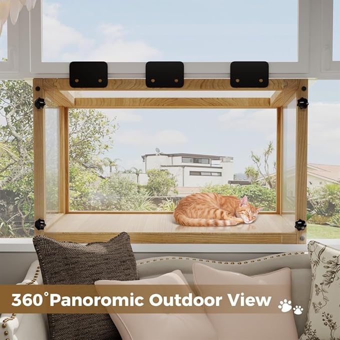 Cat Window Box, Cat cage, Wooden Window Perch House, Outdoor Hanging Enclosure with Solid Wood and Acrylic Panels, for Single-Hung Windows Measuring 24-35 Inch