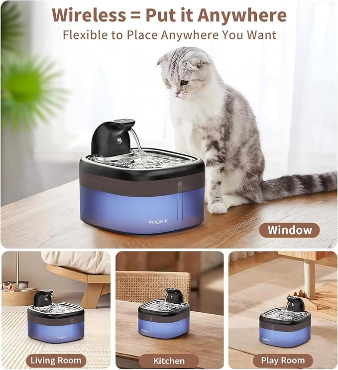 Cat Water Fountain Cordless Stainless Steel 118oz/3.5L Wireless & Ultra Quiet (≤25dB) with Sensor/Timer Mode, Battery Operated Pet Fountain for Indoor Use, Automatic Pet Water Dispenser
