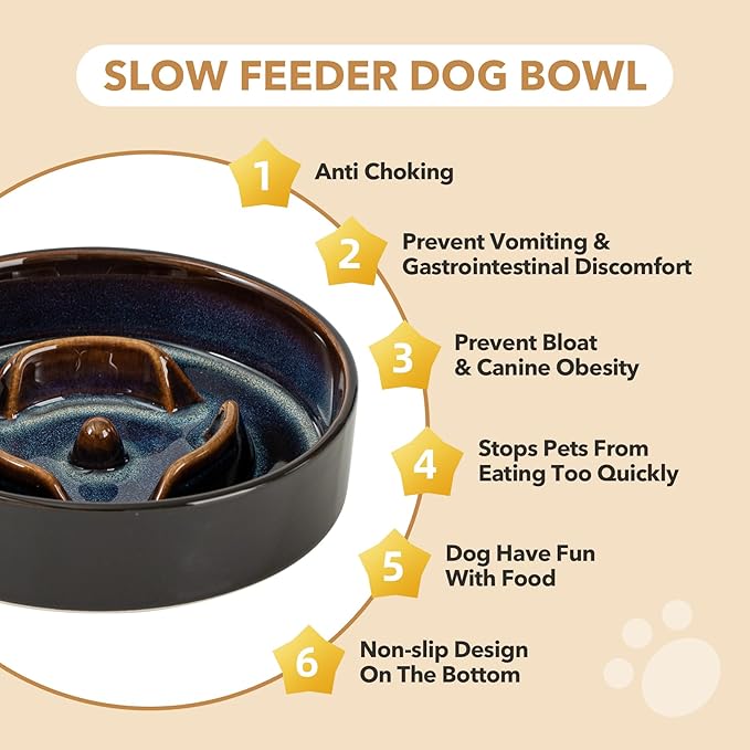 Ceramic 0.9 Cup Dog Bowl Slow Feeder for Small Dog and Cat, 6.1inch Pet Slow Dish, Stop Bloat, Preventing Choking(Single Bowl, Starry Sky)