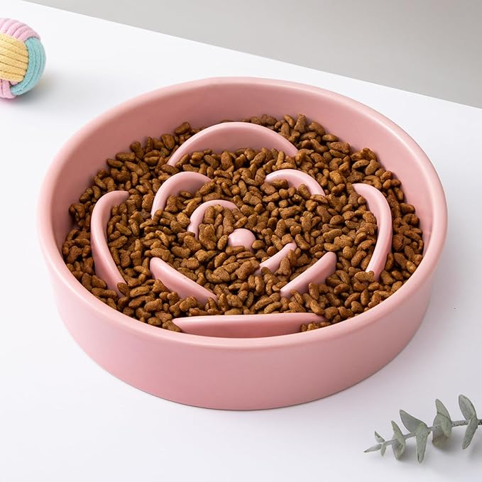 8.25'' Ceramic Slow Feeder Dog Bowls - Petal Shape Modern Dog Food Dish for Medium and Large Breeds, Puzzle Maze Bowl to Slow Down Eating, Anti-Gulping, Dishwasher & Microwave Safe, Pink