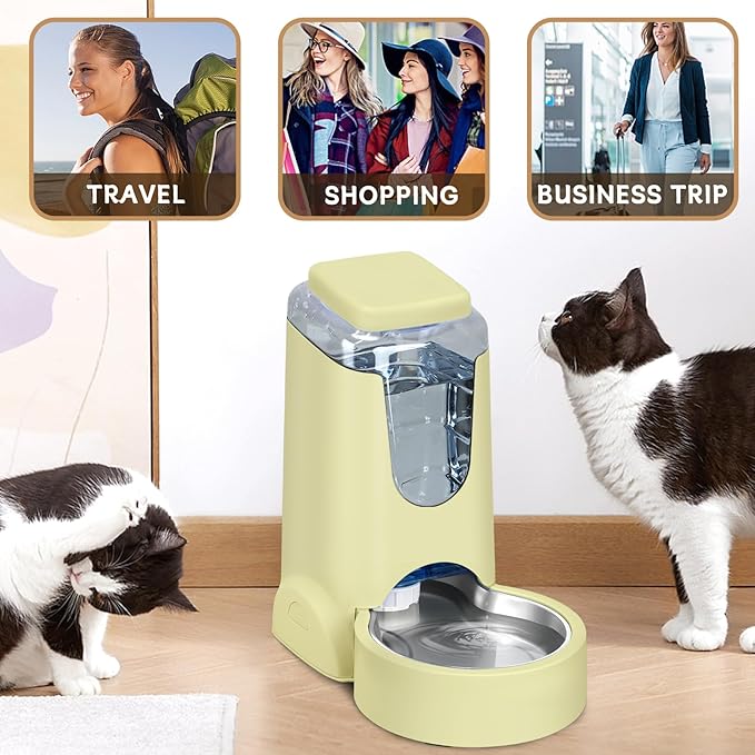 HWONMTE Portable Automatic Cat Feeder and Water Dispenser with Stainless Steel Bowl Dog Gravity Food Feeder and Waterer for Small Medium Pets Puppy Kitten 1 Gallon x 2 (Cream Yellow)