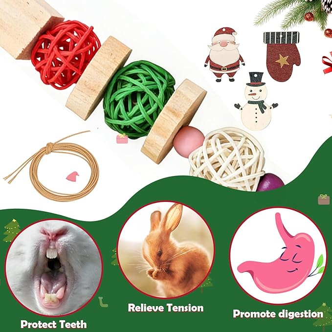 Abizoo Christmas Guinea Pig Chew Toys, Rabbit Chew Toys Hamster Bunny Treats Wood for Chinchilla, Hanging Christmas Themed Decor Cage Accessories for Small Animals pet Teeth Enrichment Gifts
