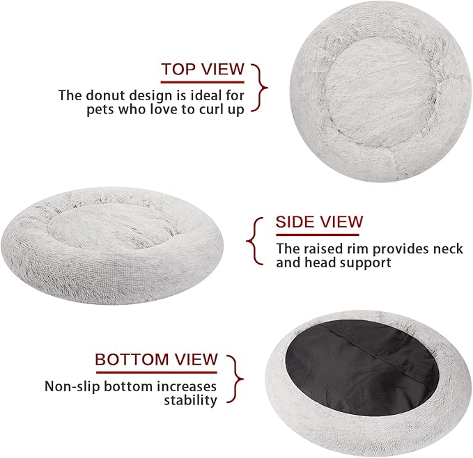 Bedfolks Calming Donut Dog Bed, 30 Inches Round Fluffy Dog Beds for Medium Dogs, Anti-Anxiety Plush Dog Bed, Machine Washable Pet Bed (Light Grey, Medium)
