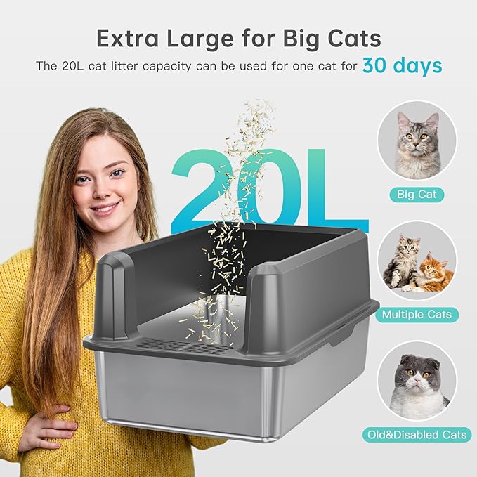 Enclosed Stainless Steel Cat Litter Box with Lid, XL Extra Large Litter Box for Big Cats, Metal Litter Pan High Sided, Never Absorbs Odors, Anti-Urine Leakage, Easy Cleaning, Include Scoop