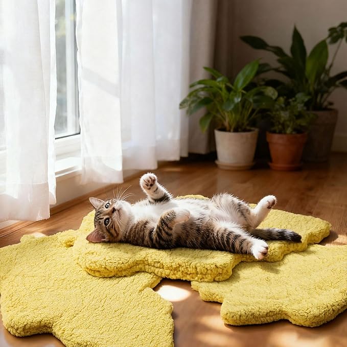 3 Pack Self Warming Cat Dog Bed Leaf Shape Self Heating Pet Mat Non Electric Washable Thermal Sleeping Pad Plush Heated Pet Mat for Crate Floor Indoor Outdoor(Light Yellow,Medium-18 x24)