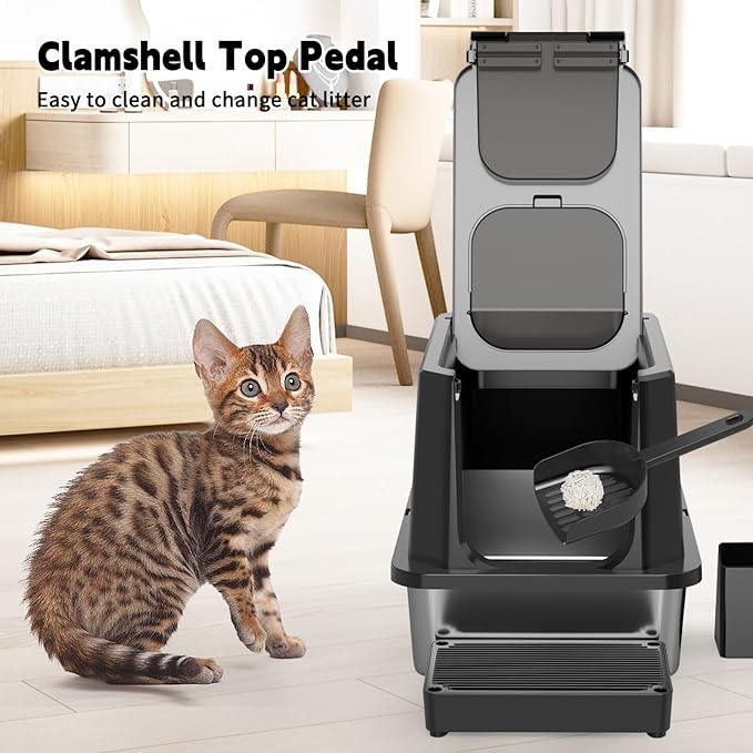 RIZZARI Enclosed Cat Litter Box: All Black Stainless Steel Odorless Cat Box - Top-Entry Design - Large Capacity Leak Proof Litter Pan for Cats - Teflon Non-Stick Coating - for Living Room Bedroom