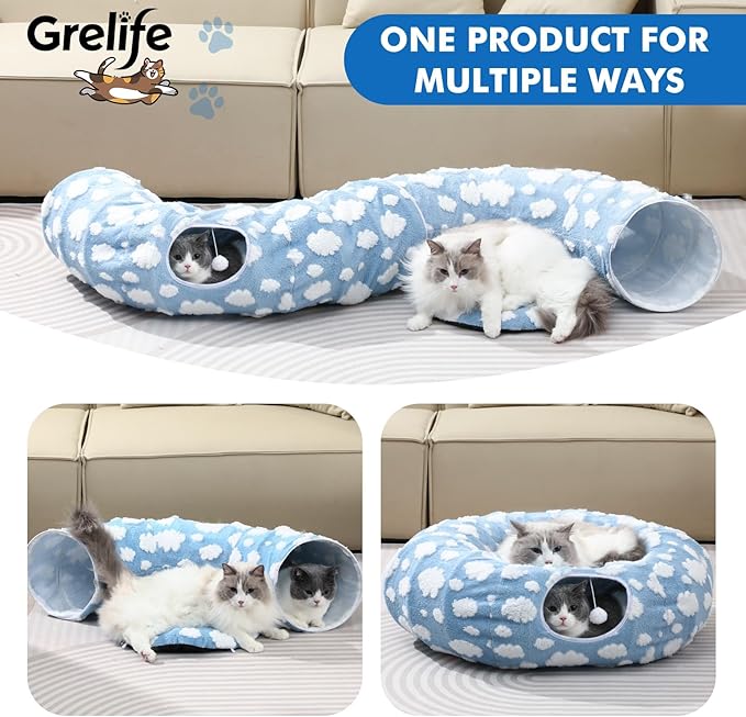 Grelife Cat Tunnel Bed for Indoor Cats, Cat Tunnel Christmas Tree Skirt with Washable Soft Plush, Cat Donut Tunnel Toys with Non-Slip Base, Perfect for Cats, Kittens, Small Pets(33.53")