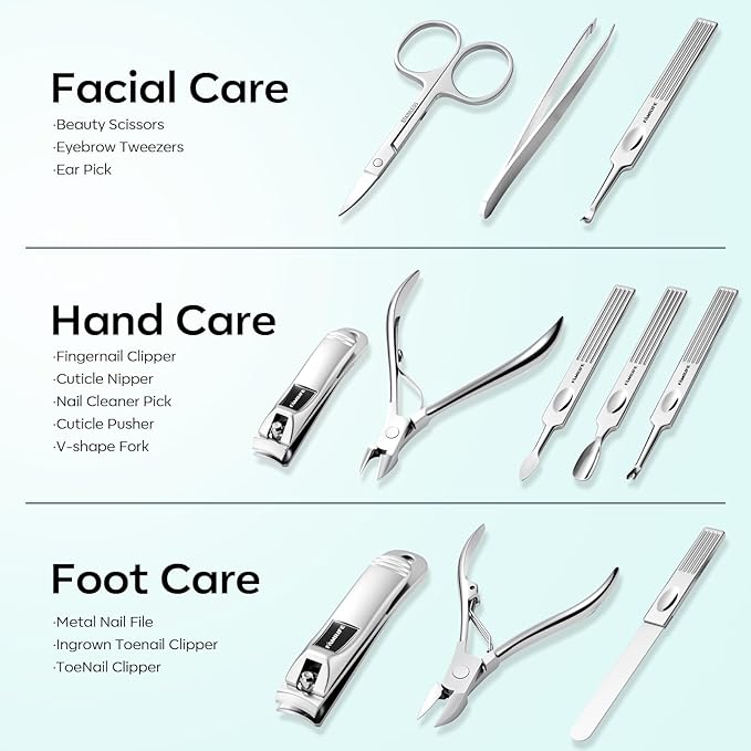 FAMILIFE Manicure Kit for Women, Professional Manicure Set Nail Clippers Set 11 in 1 Stainless Steel Pedicure Tools Nail Kit Men Grooming Tool with Portable Green Travel Case for Home, Travel