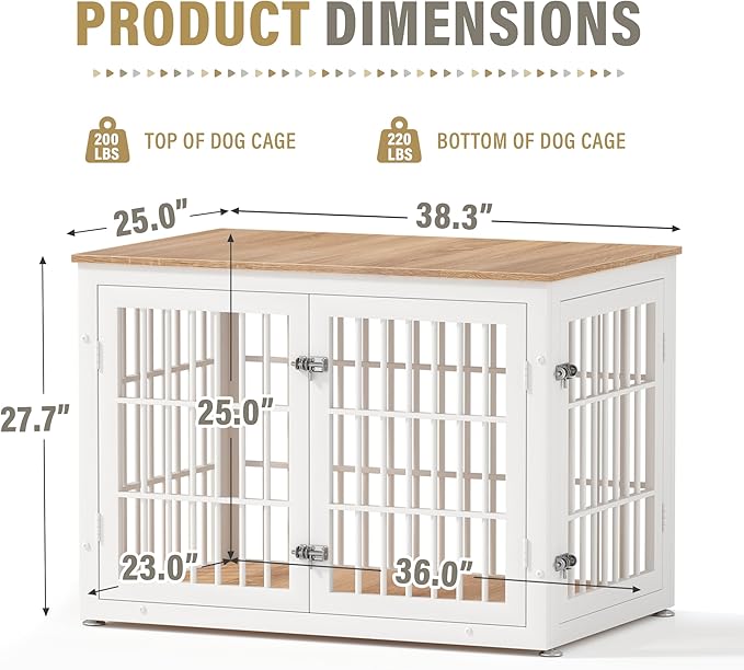 38 Inch Heavy Duty Dog Crate Furniture for Large and Medium Dogs, Decorative Pet House End Table, Wooden Cage Kennel Furniture Indoor, Natural and White