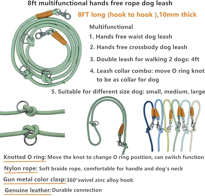 8FT Hands Free Dog Rope Leash, Waist Body Running Leash for Dog Walking (Sage Green, 8FTx10MM)