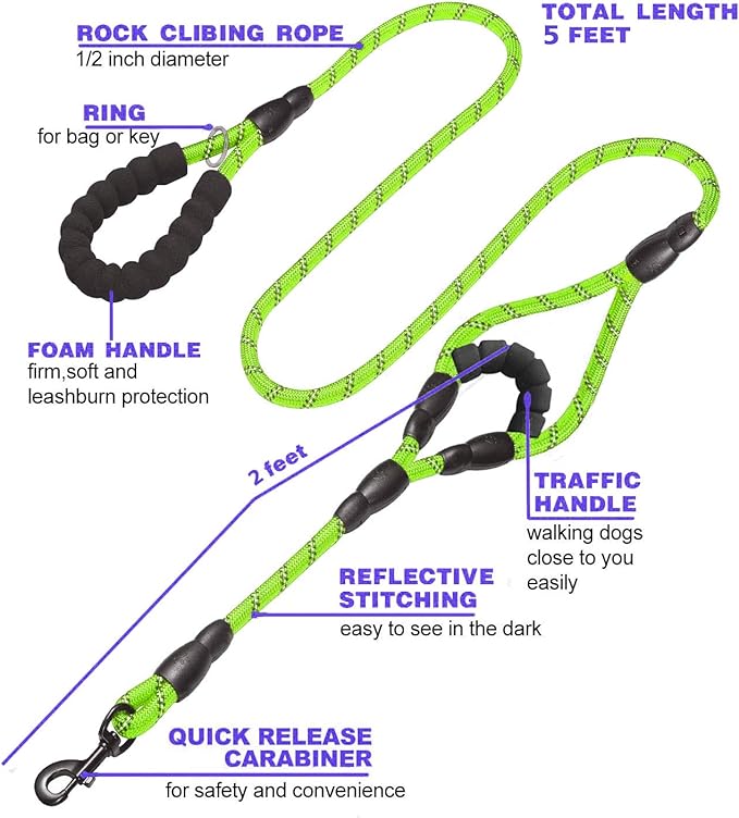 JSXD Heavy Duty Double Handle Dog Leash - 5 FT with Comfortable Padded and Reflective Rope for Small, Medium, Large Dogs (Rope-Green)