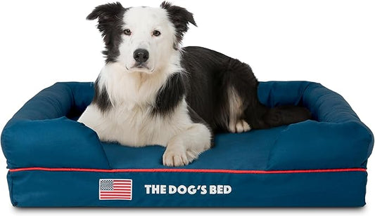 The Dog’s Bed, Large Blue Oxford with Red Trim USA Flag Dog Bed Memory Foam, Pain Relief: Arthritis, Post Surgery, Lameness, Supportive, Calming, Waterproof Washable Cover, Veterinary Approved