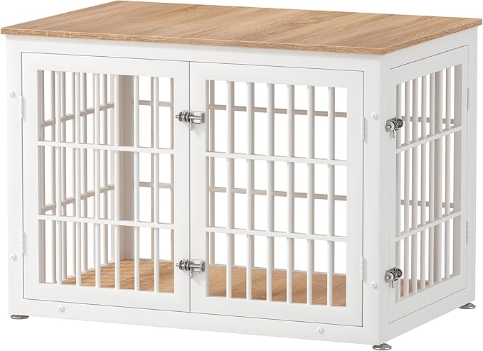 38 Inch Heavy Duty Dog Crate Furniture for Large and Medium Dogs, Decorative Pet House End Table, Wooden Cage Kennel Furniture Indoor, Natural and White