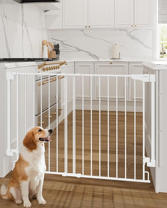 Cumbor 34" Extra Tall Baby Gate for Stairs, Wall-Mounted (Drill Required), Expandable 31.6-48" No Bottom Bar Dog Gate Indoor for Larger Pets, Large Walk Thru Door for Easy Access (White)