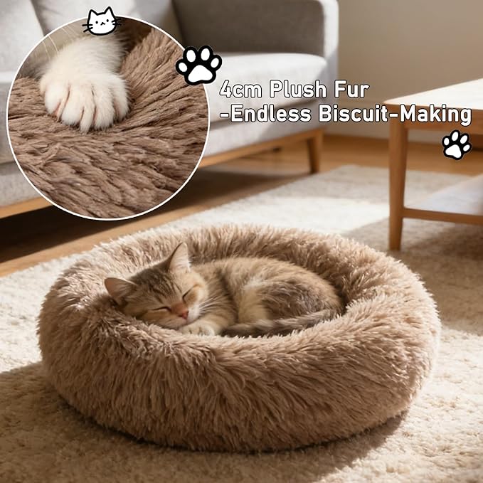 Calming Donut Dog Beds Large Sized Dog - Washable Removable Cover Non-Slip, Round Pet Bed Warming Fluffy Plush Faux Fur Anti-Anxiety Thick Cushion, Fits up to 80 lbs (Camel, 36")